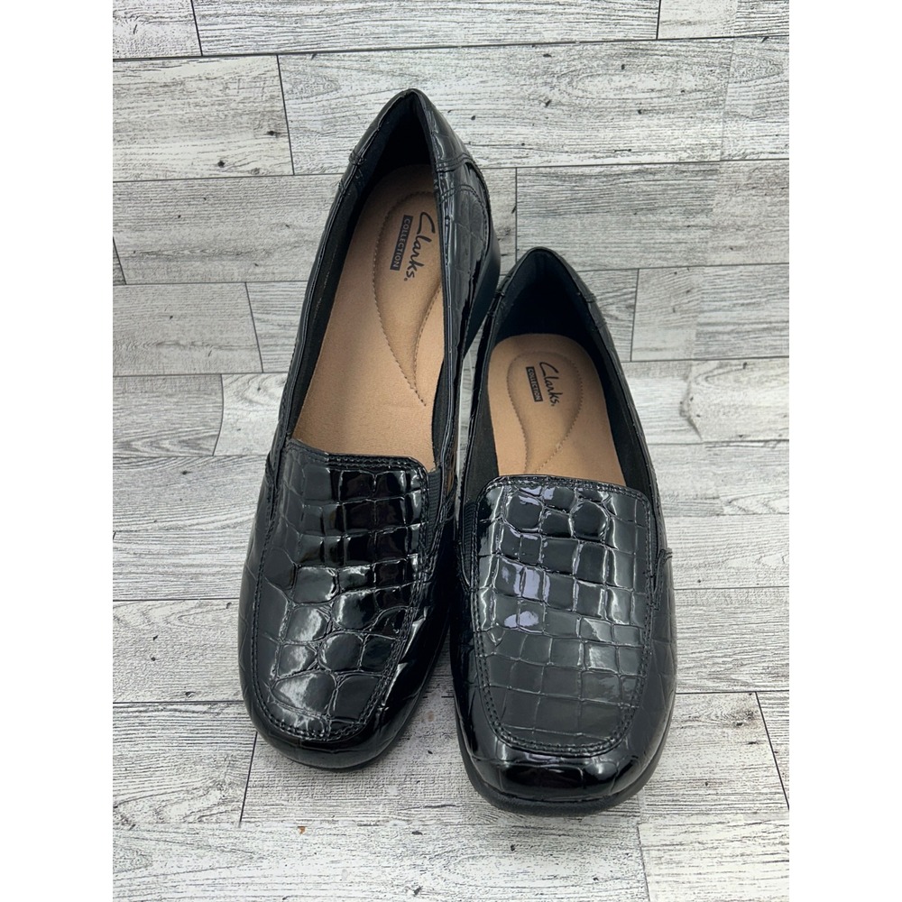 Clarks Collection Women Black Patent Croc Embossed Loafers Square Toe Size 9M